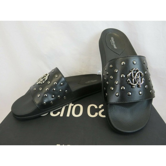 ROBERTO CAVALLI BLACK LEATHER SNAKE MEDALLION LOGO STUDS SANDAL 42.5 / 9.5 ITALY - Picture 2 of 8